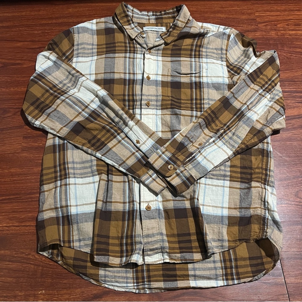 Outerknown Shirt Mens Large Brown Flannel Plaid Organic Cotton Comfy Cozy